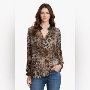 Lola & Sophie 100% Silk Leopard Print Blouse Women’s Small Leather Trim Collar